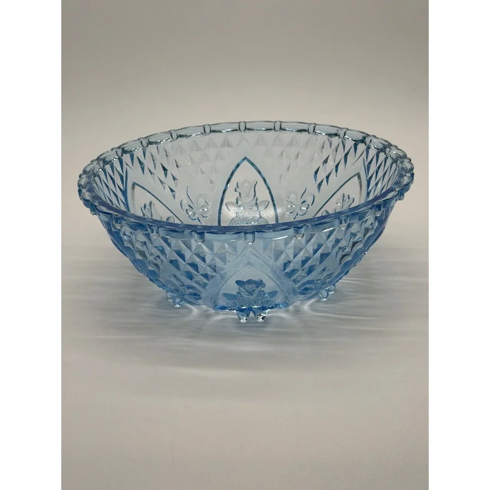 Vintage Light Blue Pressed Glass Footed Floral Diamond Bowl Scalloped Rim 10in